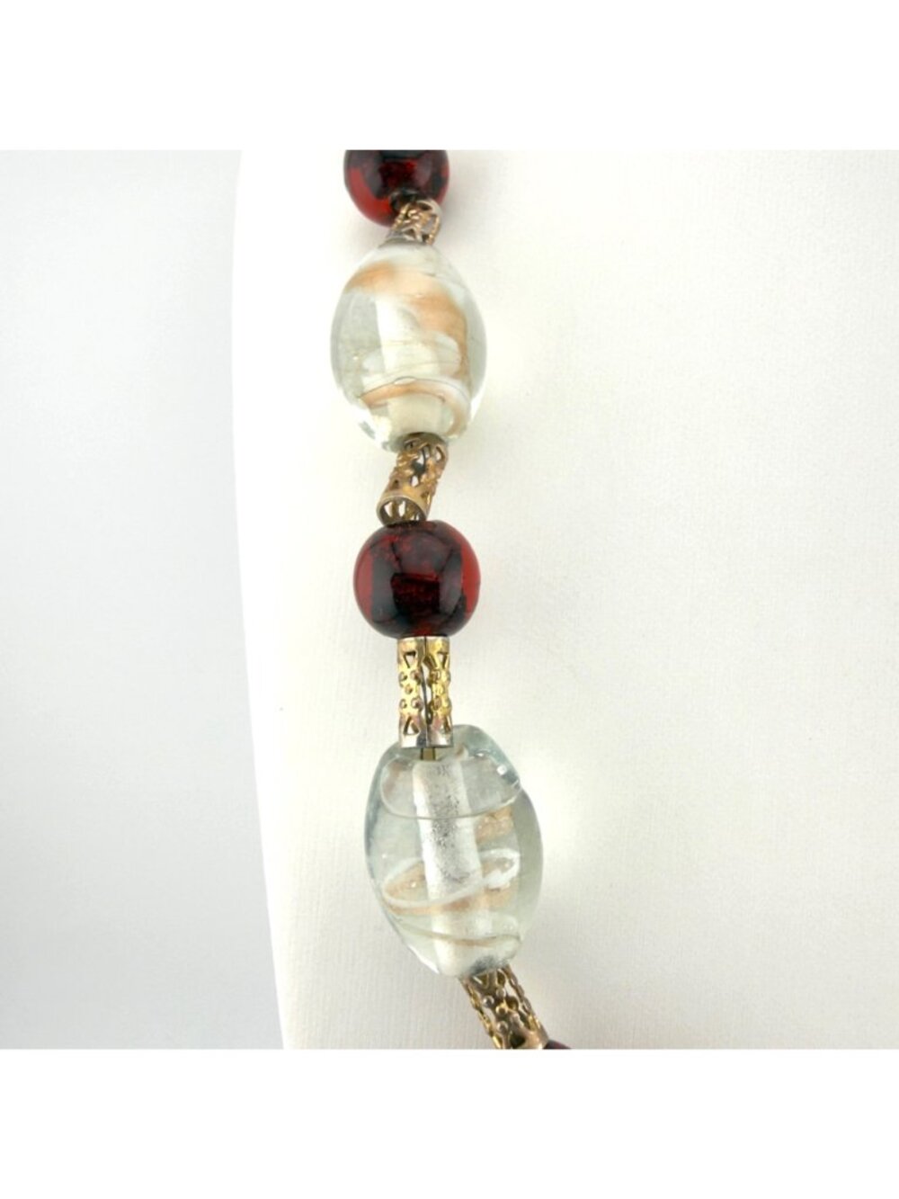 Art Glass Bead Necklace Studio Handmade Red Clear Gold Foil 20” - Picture 5 of 9